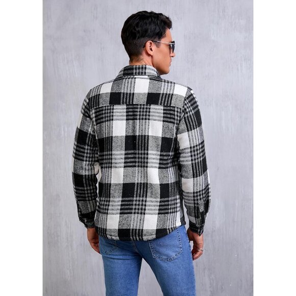 Men's White Sherpa Lined Button Down Flannel Shirt Jacket Plaid Soft Outdoor. - Picture 5 of 7